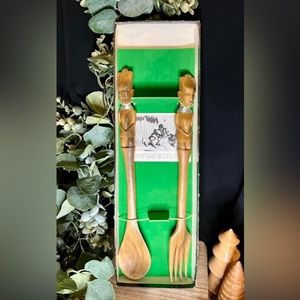 Vintage African King and Queen wooden serving fork and spoon tribal set.